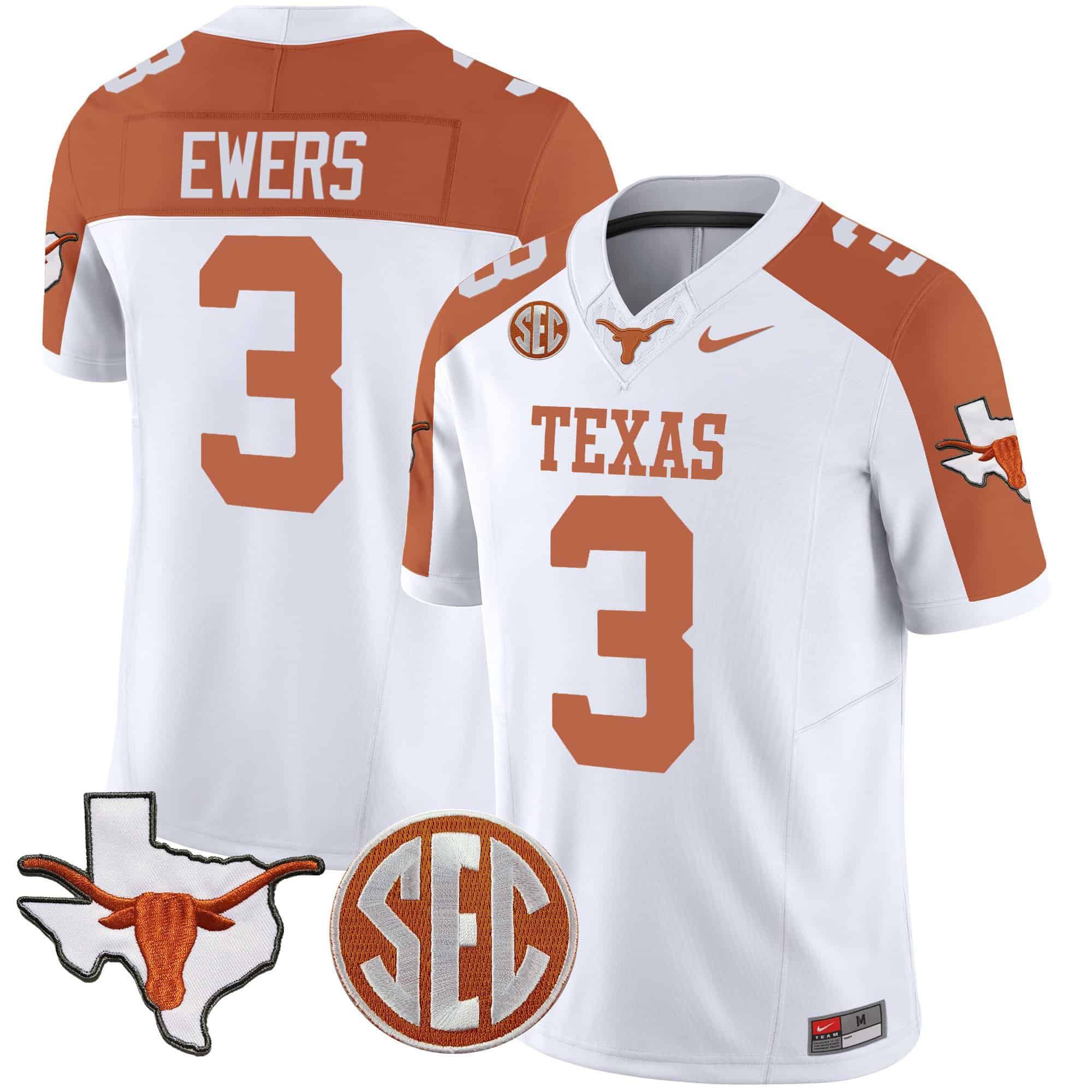 Men Texas Longhorns 3 Ewers White 2024 Nike State Map & SEC Patch Vapor NCAA Jersey style 1